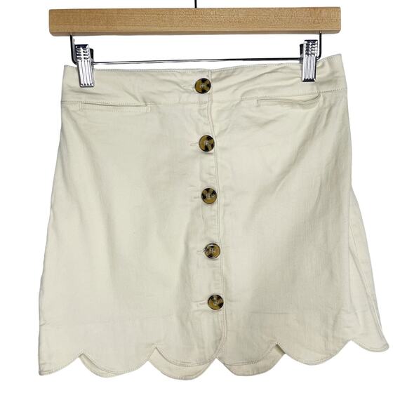 Francescas Mi Ami XSmall XS Cream Scallop Denim Button Front Mini Skirt Cotton - Picture 1 of 9